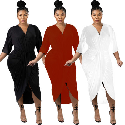 New Style Winter 3/4 Sleeves Solid Color V Collar Pleated Dress JH136