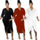 New Style Winter 3/4 Sleeves Solid Color V Collar Pleated Dress JH136