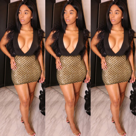 Clubwear Sexy Deep V Collar Wrap Dress With Feather K8669