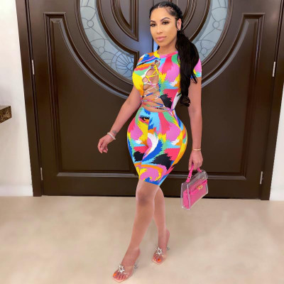 Pigment graffiti straps sexy backless jumpsuit HH8920