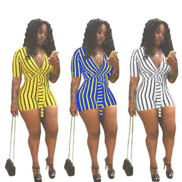 Leisure Stripe Bandage Short Jumpsuit For Women MR116