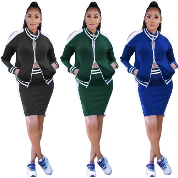 Casual Spring Ladies Stripe Patchwork Long Sleeve Skirt Suits FH069