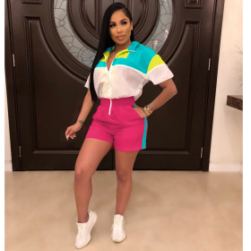 Multicolor stitching hooded leisure sports jumpsuit LM8149