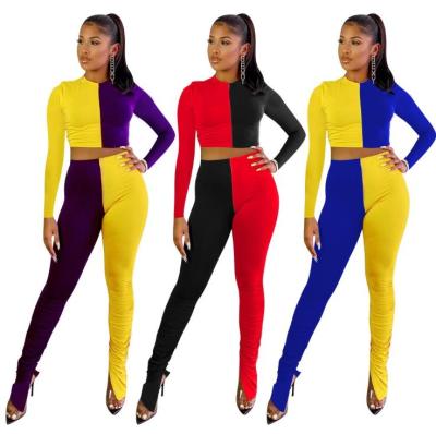 Solid color stitching two-piece suit pleated split trousers suit YMT6171