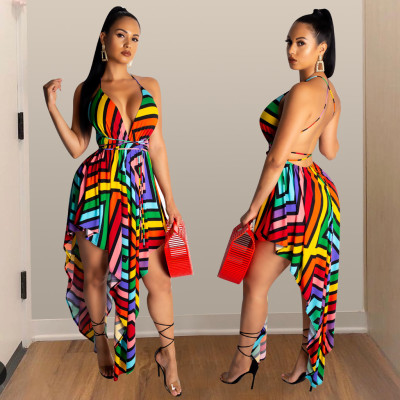 Irregular Multicolor V Neck Spaghetti Strap Printing Dress QQM3739