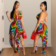 Irregular Multicolor V Neck Spaghetti Strap Printing Dress QQM3739