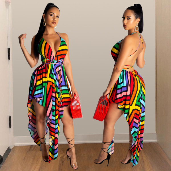 Irregular Multicolor V Neck Spaghetti Strap Printing Dress QQM3739