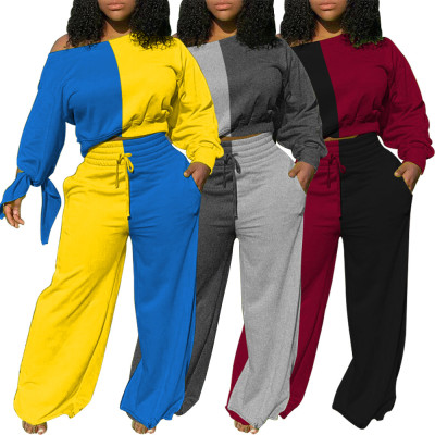 Fashion Contrast Stitching Off Shoulder Long Sleeves Mini Top With Wide Leg Pants Two Piece Set SMD2
