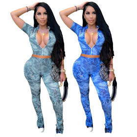 Fashion casual denim print short-sleeved trouser suit ML7372