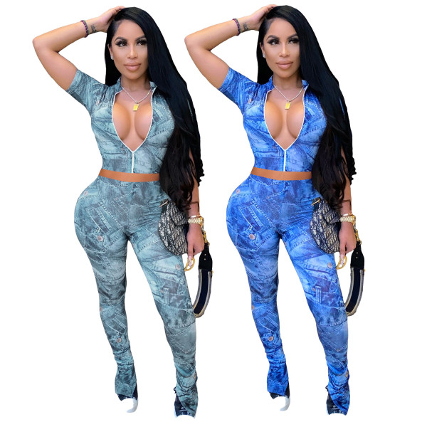 Fashion casual denim print short-sleeved trouser suit ML7372