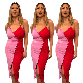 Hot Contrast Color Pleated Spaghetti Strap Midi Dresses ED8002