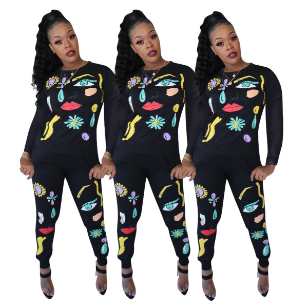 Lovely Bodycon Female 2 Pieces Casual Positioning Printed Outfits Q335