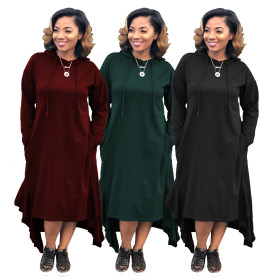 Loose Fitting Pure Color Hooded Dress For Daily Wear SMR9045