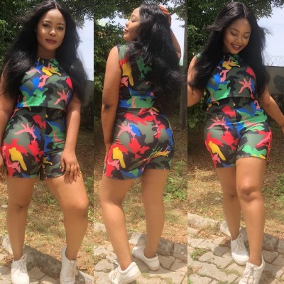 Colorful Print Tank Tops+Shorts Outfits HM5136