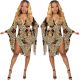 Irregular Women V Collar Digital Printing Flares Sleeve Dress MDF5067