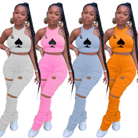 Fashion Pattern Printed Sleeveless Top And Hole Pleated  Drawstring Trousers Two Pieces Sets TK609