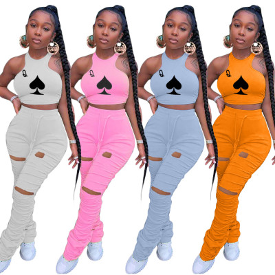 Fashion Pattern Printed Sleeveless Top And Hole Pleated  Drawstring Trousers Two Pieces Sets TK609