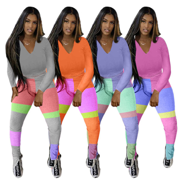 Fashion women's clothing Explosive casual sweater fabric color matching split two-piece suit TK6110