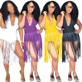 Backless Solid Fringe Romper Shorts Clubwear LM974