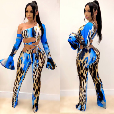 Sexy Leopard Printed One Shoulder Flared Sleeves Hollow Out Lace-Up Jumpsuit CY1270
