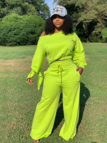 Sexy Solid Color Round Neck Long Sleeves Mini Top With Drawstring Trousers Two Piece Set OL6021