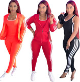 Casual Round Neck Vest With Trousers And Long Sleeves Hooded Cardiagn Three Piece Set TJ029