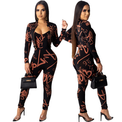 Condole Belt Tight Jumpsuit Zipper Short Coat Lady Printed Sets ML7265