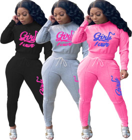 Casual Letter Printed Round Neck Long Sleeves Mini Top With Drawstring Trousers Two Piece Sets TH356