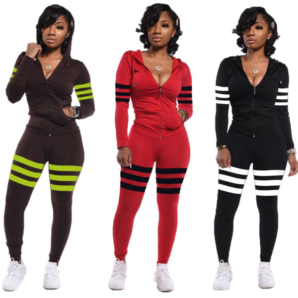 Stylish 3 Colors Female Stripe Splicing Hooded Tracksuits ED8151