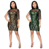 Mature Women Bodycon Club Gold/Green Sequin Dress JLX8566