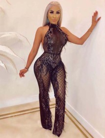 Black Halter Neck Backless See Through Jumpsuits CCY8038