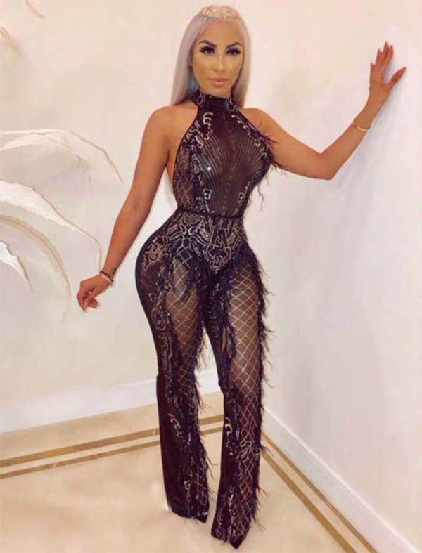 Black Halter Neck Backless See Through Jumpsuits CCY8038