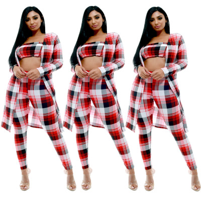 Hot Checks 3 Pieces Sets Bandeau Top Skinny Pants Long Coat JH053