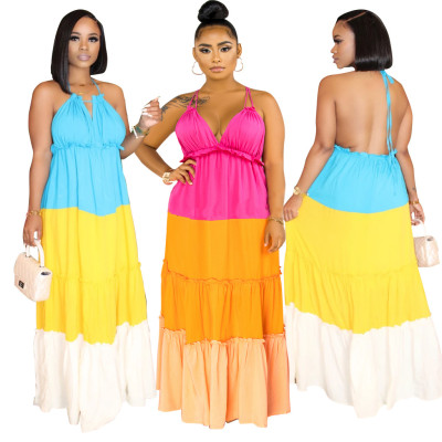 Tri-color stitching fungus sleeveless halter halter dress YZ1175