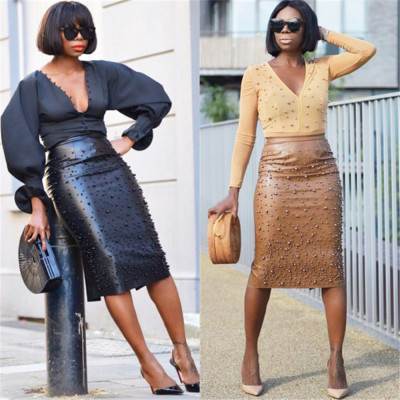 Stylish Women Split PU Leather Beading Midi Skirt CX048
