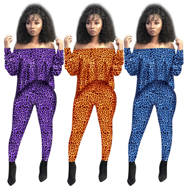 Female Trendy Leopard Print Flae Shoulder Bodycon Outfits KK8066