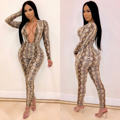 Deep V Neck Print Bodycon Jumpsuits CY1097