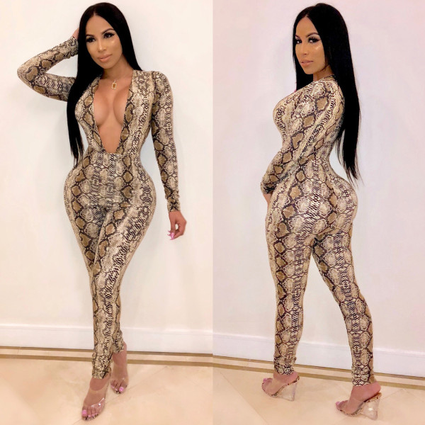 Deep V Neck Print Bodycon Jumpsuits CY1097