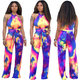 Colorful Stylish Tie-Dyed Sleeveless Ladies Jumpsuit With Belt KA7034