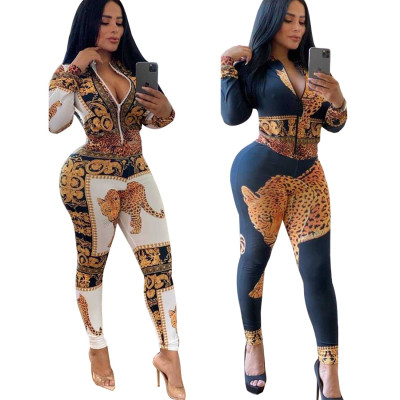 Zipper Long Sleeve Coat Tight Pants Printing Trendy Outfits YYZ1987