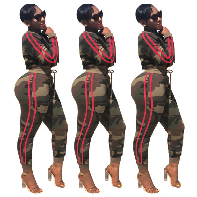 Fashion Camouflage Suits Crop Hoodie Elastic Tight Pants WY6477