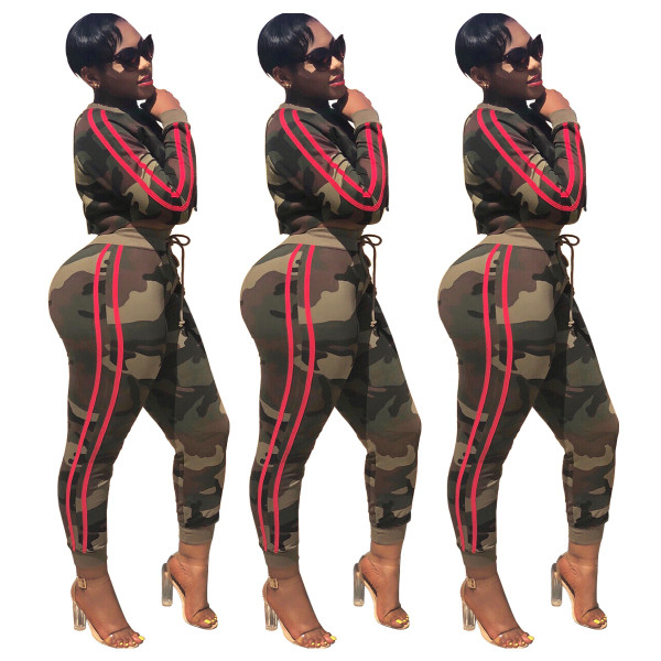 Fashion Camouflage Suits Crop Hoodie Elastic Tight Pants WY6477
