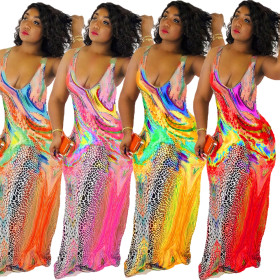 Fashion Comfy Printing Sleeveless Low-Cut Maxi Dress HY5027