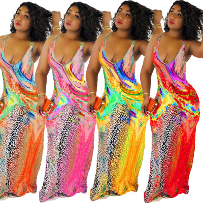 Fashion Comfy Printing Sleeveless Low-Cut Maxi Dress HY5027