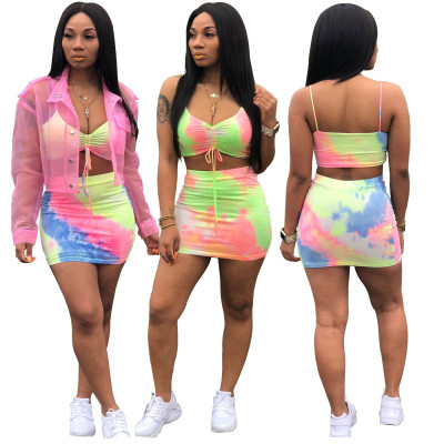 Factory Price Sexy Bodycon Tie-Dye Priting Skirt Suits WY6574
