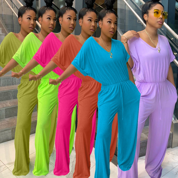 Sexy Solid Color V-Neck Short Sleeves Drawstring Loose Jumpsuit CL6065