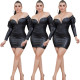 Black Pu Leather Clubwear Bodycon Off Shoulder Wrap Dress E8464