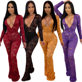 Deep V Neck See Through Lace Sexy Jumpsuits QZ6061