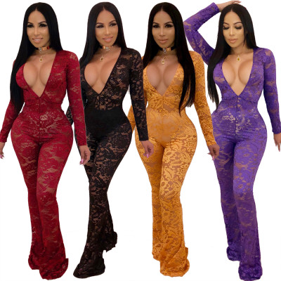 Deep V Neck See Through Lace Sexy Jumpsuits QZ6061
