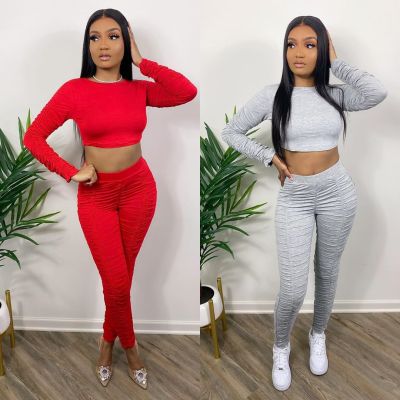 Fashion Solid Color Round Neck Long Sleeves Cropped Top With Pleated Pants Two Piece Sets KSN8033